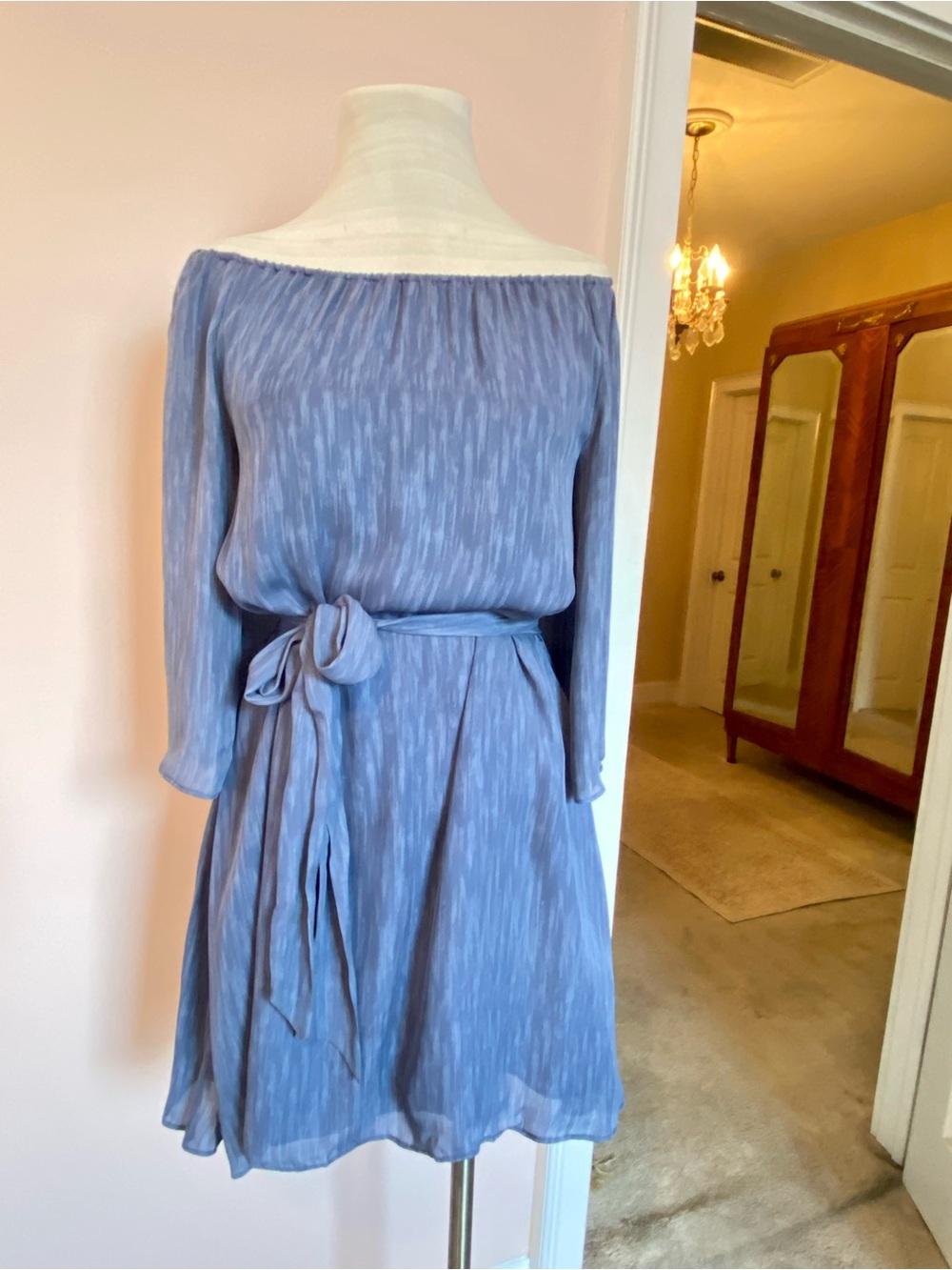 Alice and Olivia Silk On or Off Shoulder Blue Women’s Dress with Waist Tie